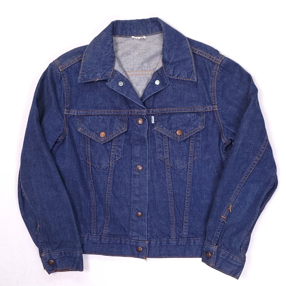 Vintage Levis Gals Denim Trucker Jacket Dark Wash White Tab‎ Big E Size L 70s
